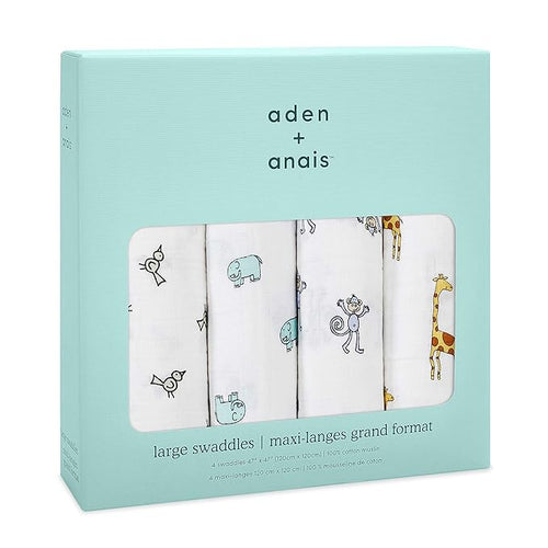 aden + anais Boutique Muslin Swaddle Blanket for Baby Girls and Boys, Newborn Receiving Blanket for Swaddling, 100% Muslin Cotton Swaddle Wrap, 4 Pack, Jungle Jam