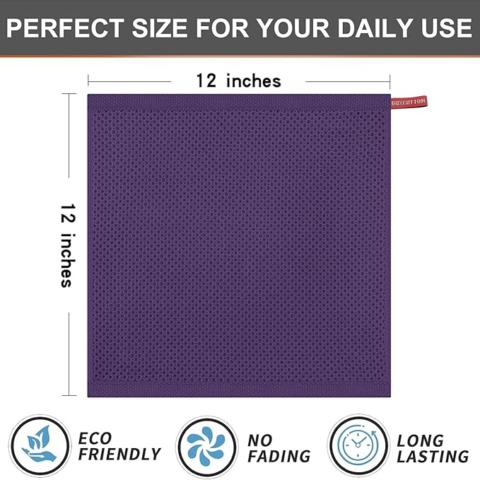 Kitinjoy 100% Cotton Kitchen Dish Cloths (12 X 12 Inches, Eggplant),6 Pack Waffle Weave Ultra Soft Absorbent Dish Towels for Drying Dishes Quick Drying Kitchen Towels Dish Rags