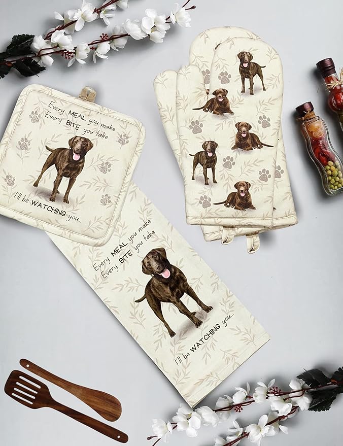 Chocolate Labrador 3-Piece Kitchen Set - Oven Mitt, Pot Holder & Kitchen Towel Set, Heat Resistant up to 420 F, Soft Quilted Cotton for Cooking, Baking, BBQ, Pet Lover Gifts (Labrador Chocolate)