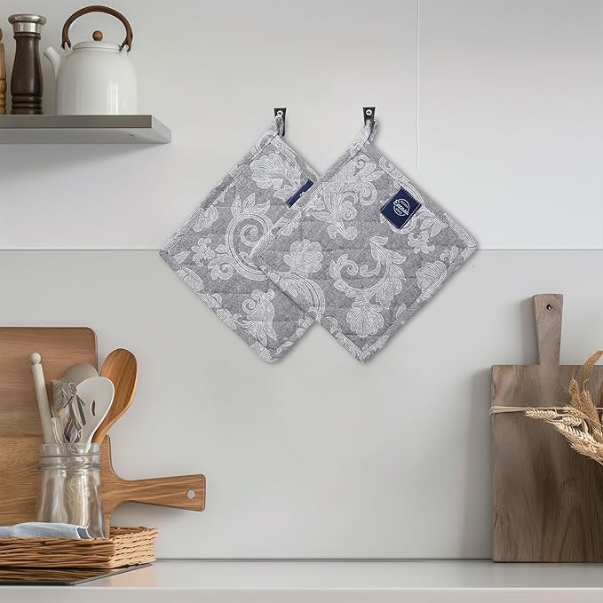 Pot Holders for Kitchen | Heat Resistant Pads | Set of 2 | Hot Dish Holder Sets | 8x8 in |for Cooking, Baking, Grilling, Microwave & BBQ, Chambray Grey by Encasa XO