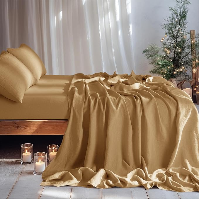 LBRO2M 100% Linen Sheet Set Full Size,Bed Sheets 4 Piece Sets,Solid Color Natural Flax Bed Sheets Soft Breathable Bedding,16" Deep Pocket,All Season (Full, Rust)