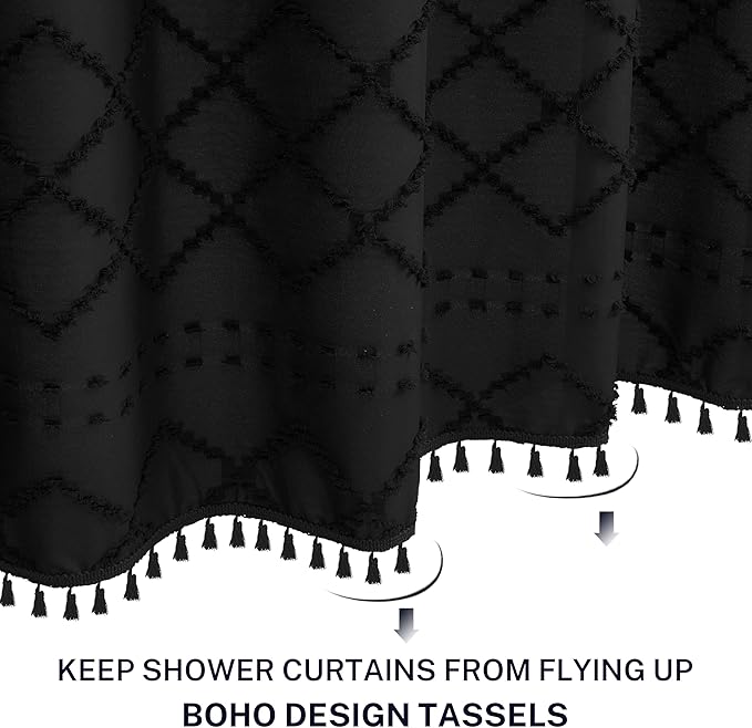 Extra Long Black Woven Fabric Boho Shower Curtain with Tassels 72 x 80 Modern Farmhouse Minimalist, Tufted Chevron Textured Striped Shabby Chic, Water Resistant Cloth Curtain for Bathroom, Hotel Decor