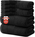 RIVERSIDE Pack of 8 Towels Set, 2 Large Bath, 2 Hand, 4 Face Washcloths, 100% Cotton Hotel Quality, Super Soft, Quick Dry, Highly Absorbent Perfect for Bathroom, Black