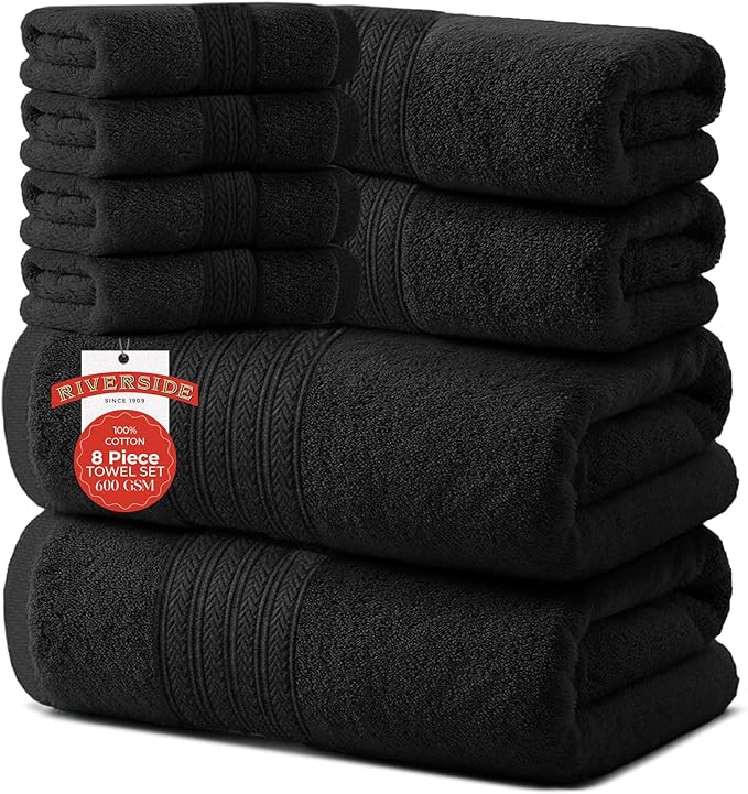 RIVERSIDE Pack of 8 Towels Set, 2 Large Bath, 2 Hand, 4 Face Washcloths, 100% Cotton Hotel Quality, Super Soft, Quick Dry, Highly Absorbent Perfect for Bathroom, Black