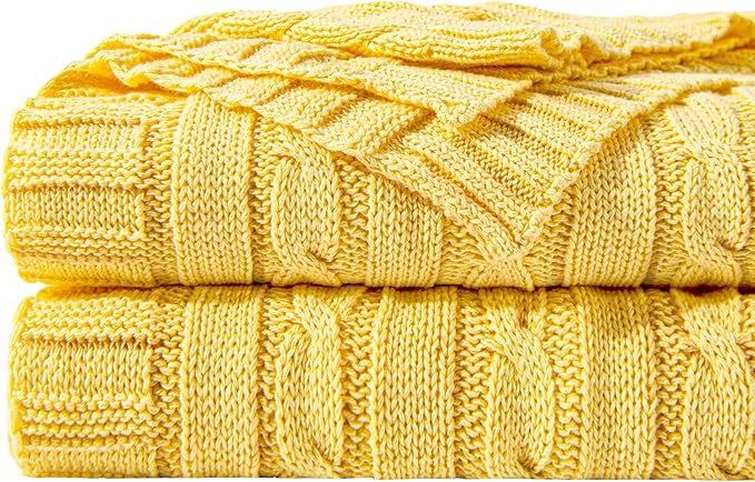 NTBAY 100% Pure Cotton Oversize (60x80) Cable Knit Throw Blanket, Super Soft Warm Knitted Throw Blanket for Bed, Sofa, Chair, Couch - Extra Cozy, Machine Washable, Comfortable Home Decor, Yellow