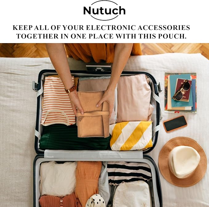 NUTUCH Leather Tech Pouch for Cables Chargers Phone | Tech Bag | Zipper Travel Accessory Pouch | Electronic Organizer Case Travel Bag (Tan)