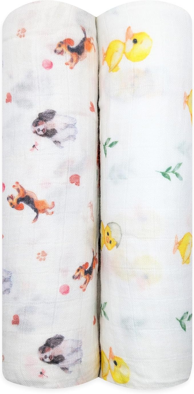 Stellar Kiddos Muslin Swaddle Blankets, Soft Breathable Cozy Baby Blankets for Newborn Boys and Girls, 47” X 47“, 2 Pack Receiving Swaddles, 70% Viscose from Bamboo 30% Cotton (Playful Pals)
