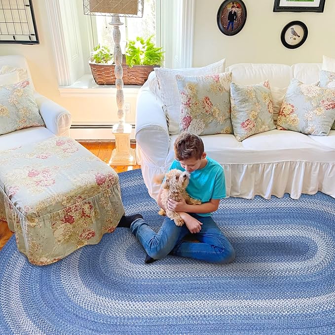 Homespice Denim Jute Braided Oval Rugs 5x8' - Ideal as Country Blue Oval Braided Rugs for Living Room, Reversible, No Shed Jute for Easy Maintenance