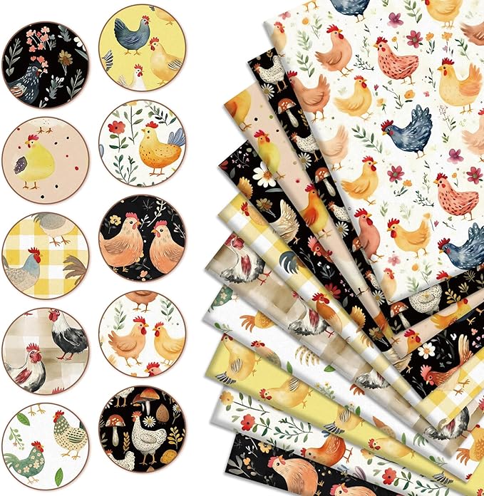JarThenaAMCS 10Pcs Chicken Cotton Fabric Bundles Hen Rooster Flower Fat Quarters Farm Quilting Patchwork for DIY Sewing Craft Decor, 18 x 22 Inch