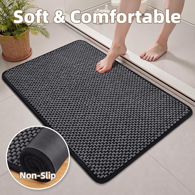 PADOOR-Bath Mat-Super Absorbent Chenille Bathroom Mats-Rubber Backed Bath Mats for Bathroom Non Slip, Easy Clean Bathroom Rugs Front of Bathtub,Shower Room,Sink-24×36, Darkgrey&Black