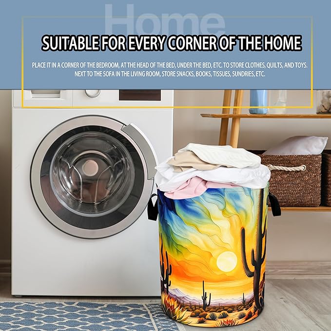 NUTAINLA Desert Cactus Laundry Basket Sunset Foldable Oxford Cloth Funny Tote Bag Laundry Hamper Clothes Storage Bucket Toy Organizer For Bathroom/Laundry Storage/Bedroom 18.9x16.5 Inch