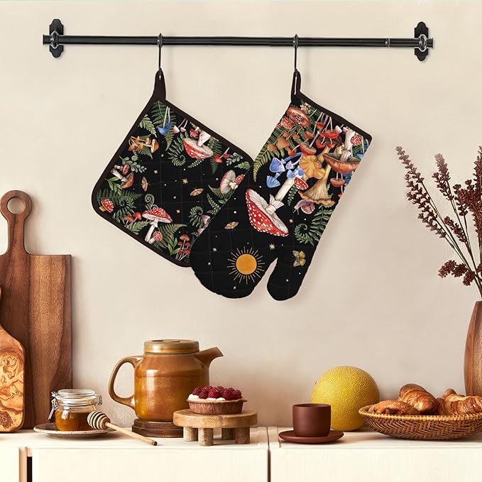 Mushroom Grass Oven Mitts and Pot Holders Sets 2Pcs, 100% Cotton Heat Resistant, Extra Long Oven Gloves Potholder for Kitchen Cooking Baking Decoration
