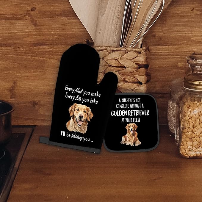 Golden Retriever Gifts for Women, Dog Oven Mitts and Pot Holders Sets, Golden Dog Decor Kitchen Accessories Sets, GoldenRetriever Heat Resistant Oven Glove Potholders for Kitchen Baking