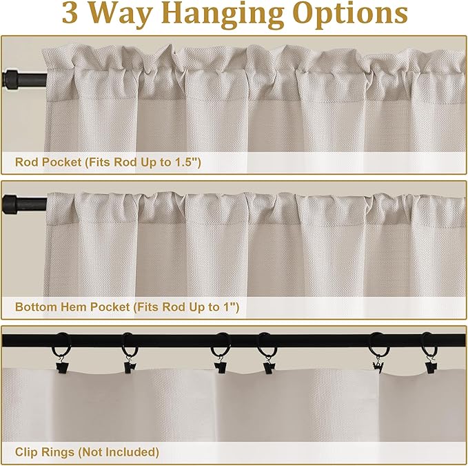 Lecloud Bessie Khaki Kitchen Curtains 30 Inch Length 2 Pcs, Light Filtering Cafe Short Curtain Tiers, Dual Rod Pocket Window Treatments for Bedroom Basement Bathroom, Each 30 W x 30 L