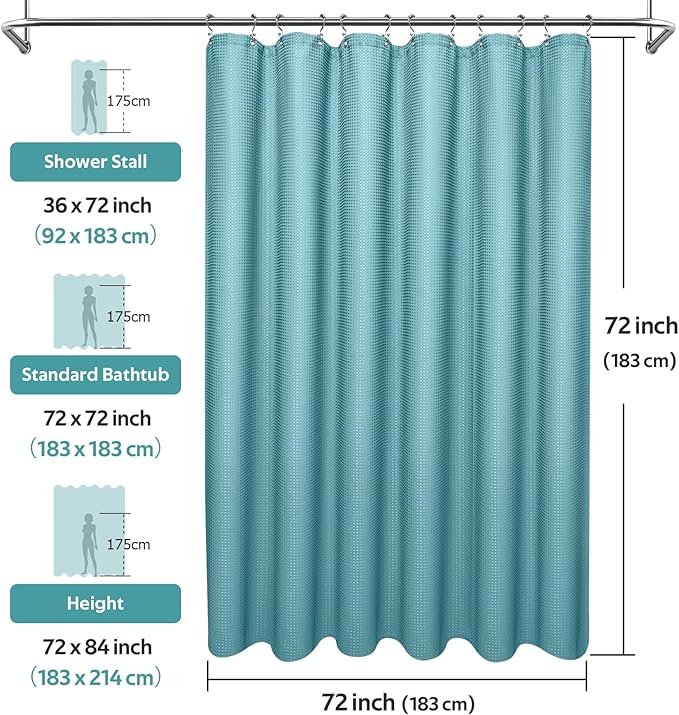 Vipfree 3 in 1 Shower Curtain Set, Waffle Shower Curtain and Liner Set with 12 Double Sided Shower Curtain Hooks, 258GSM Luxury Weighted Cloth Shower Curtains for Bathroom, 72 W x 72 H, Teal
