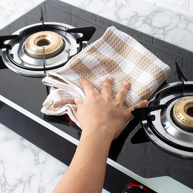 Blue Needles Waffle Weave Check Plaid Kitchen Towels, 15x25 Inches 100% Cotton Set of 4 Dish Towels for Kitchen, Ultra Soft & Absorbent for Quick Drying with Hanging Loop Spring Summer - Beige & White