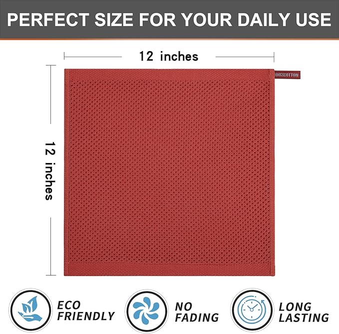 Kitinjoy 100% Cotton Kitchen Dish Cloths, 6 Pack Waffle Weave Ultra Soft Absorbent Dish Towels for Drying Dishes Quick Drying Kitchen Towels Dish Rags, 12 X 12 Inches, Brick Red