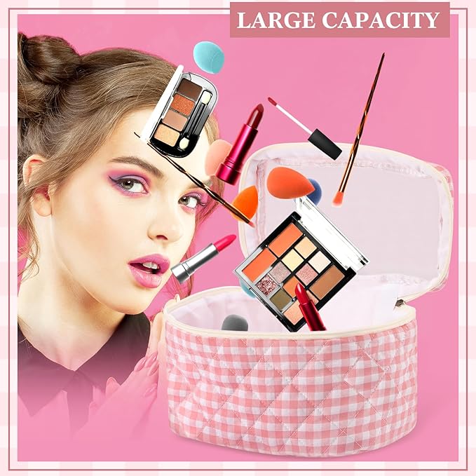 Paterr Makeup Bag Set 3 Pcs Large Quilted Cotton Make up Bags for Women Cosmetic Travel Toiletry Organizer Pouch Cute Aesthetic Storage Purse(Pink,Pink Plaid)