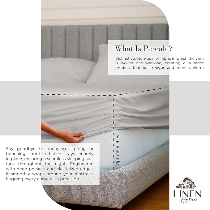 Linen Home 100% Cotton Percale Sheet Set Pack of 2, Queen Size, Silver, Deep Pocket, 8 Pieces Set - 2 Flat, 2 Deep Pocket Fitted Sheet and 4 Pillowcases, Crisp Cool and Strong Bed Linen