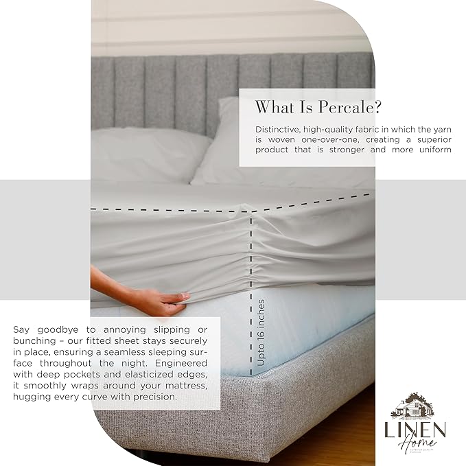 Linen Home 100% Cotton Percale Sheet Set Pack of 2, King Size, Silver, Deep Pocket, 8 Pieces Set - 2 Flat, 2 Deep Pocket Fitted Sheet and 4 Pillowcases, Crisp Cool and Strong Bed Linen