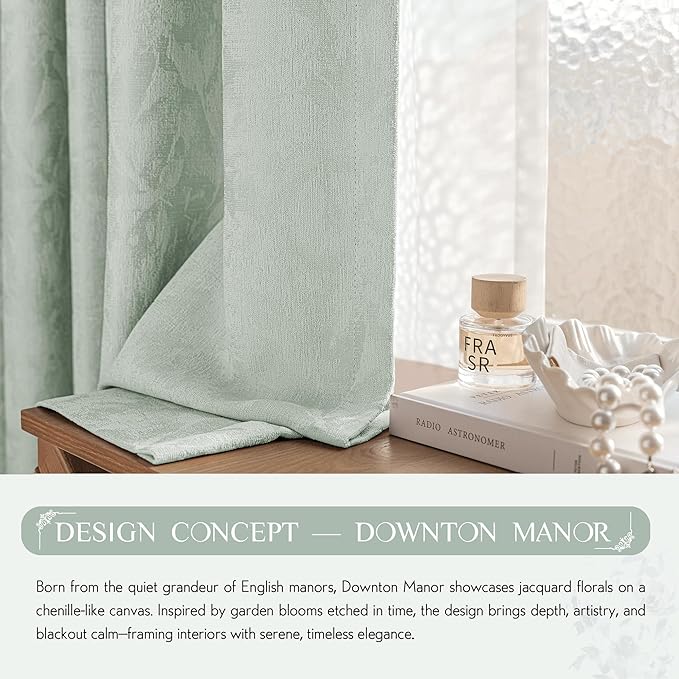 Beauoop Green Floral Jacquard Blackout Curtains 96 Inches Long 2 Panels for Bedroom Living Room Sage Flower Chenille Room Darkening Thermal Insulated Soundproof Grommet Window Treatments Drapes, 52x96