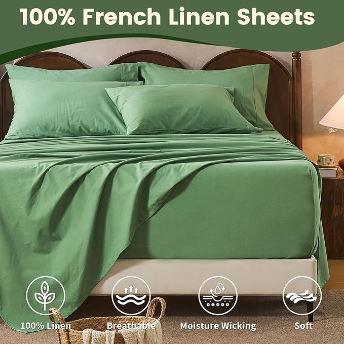 100% Linen Sheet Set Queen Size Extra Deep Pocket Fits 18-24 Inch Mattress, Breathable & Soft, Smooth 4-Piece Set for Thick Mattresses Hotel Luxury Bedding（Queen, Sage Green）