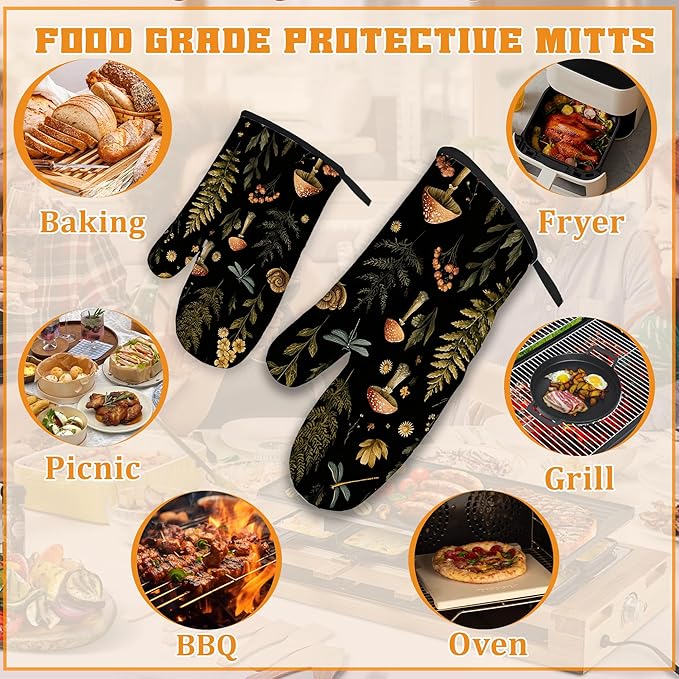 Mushroom Forest Plant Oven Mitts and Pot Holders,Dragonfly Heat Resistant Oven Mitts Gloves and Pot Holder for Home Kitchen Decorations Cooking Baking BBQ Gifts,Set of 4
