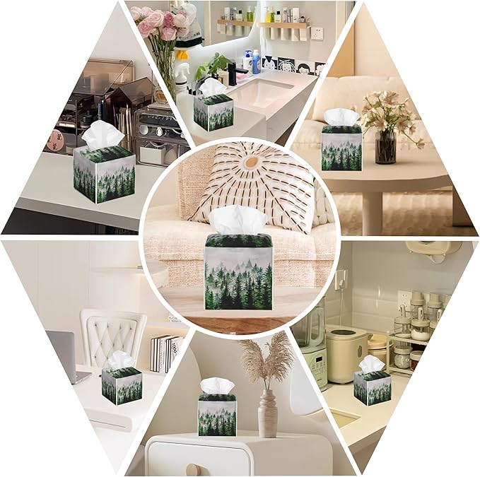 Watercolor Leather Tissue Box Holder Foggy Forest Tissue Box Cover Facial Paper Case Organizer Cube Napkin Dispenser for Bathroom Vanity Countertop Night Stand Office Car