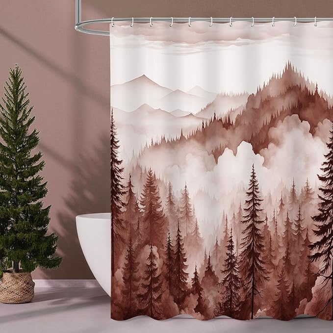 Litabel Burgundy Long Misty Pine Forest Shower Curtain 72 x 78, Mountain Foggy Woodland Scenery Tree 78 Inch Long Shower Curtains for Bathroom, Abstract Waterproof Nature-Themed Decor