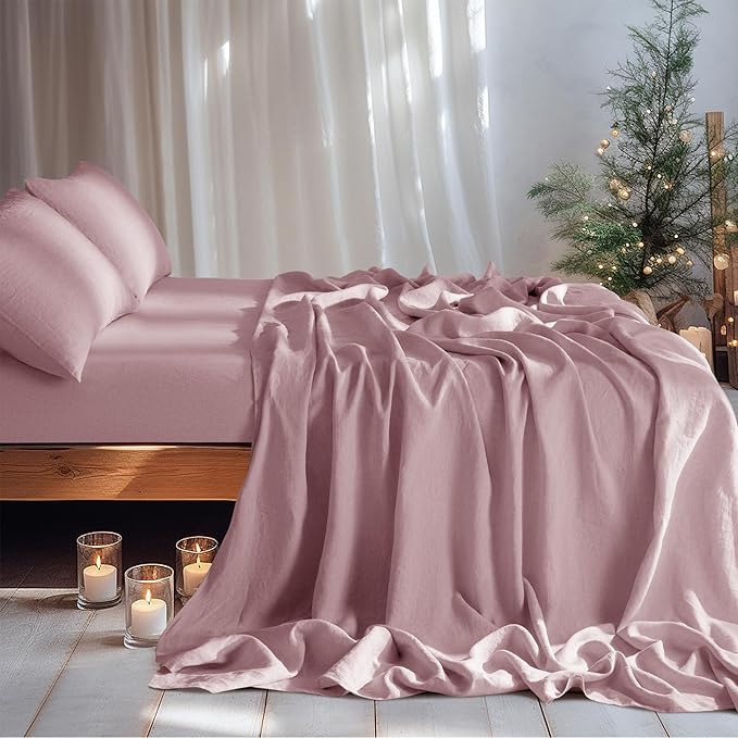 LBRO2M 100% Linen Sheet Set Queen Size,Bed Sheets 4 Piece Sets,Solid Color Natural Flax Bed Sheets Soft Breathable Bedding,16" Deep Pocket,All Season (Queen, Embroidery Purple)