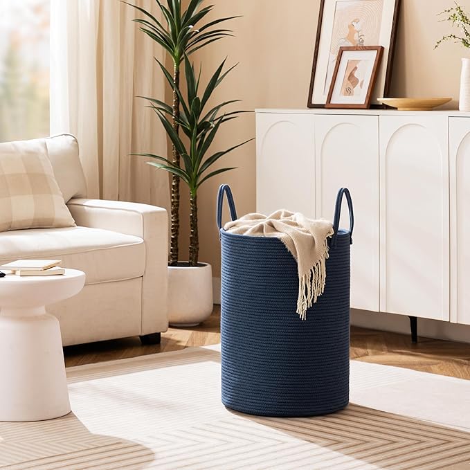 Laundry Basket, 52L Woven Laundry Hamper, Baby Nursery Hamper for Toys, Blanket Basket for Living Room, Clothes Hamper for Bedroom&Baby Room, Blue