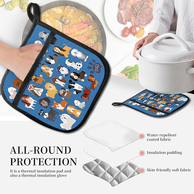 Pot Holders for Kitchen, Heat Resistance Hot Pads, Cute Potholder with Pocket for Kitchen Cooking Baking 2 Packs, Cute Puppies