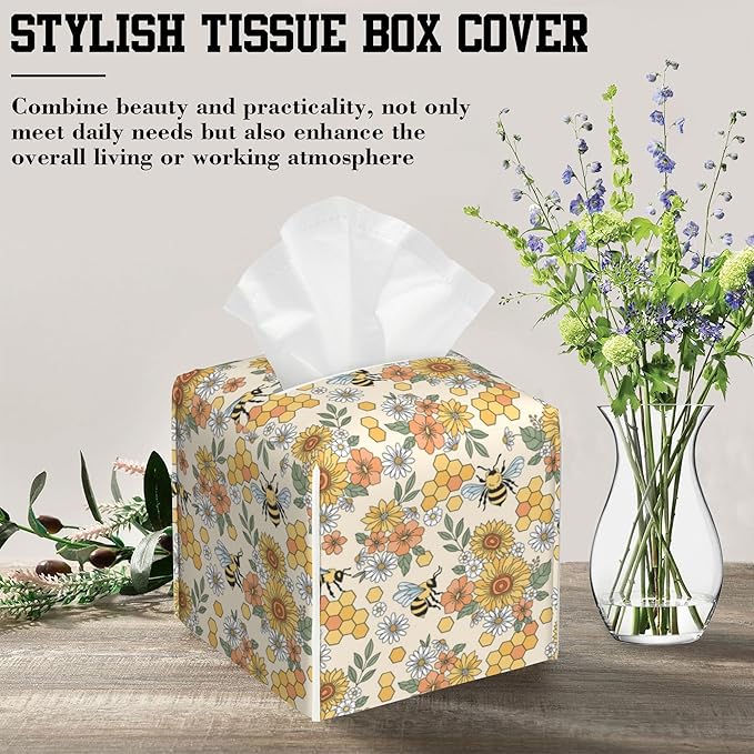 OHEGBXE Retro Hippie Flower Tissue Box Holder Bee and Honeycomb Square Leather Tissue Box Cover Modern Cube Facial Paper Cover Case for Bathroom Vanity Countertop Night Stands Tabletop