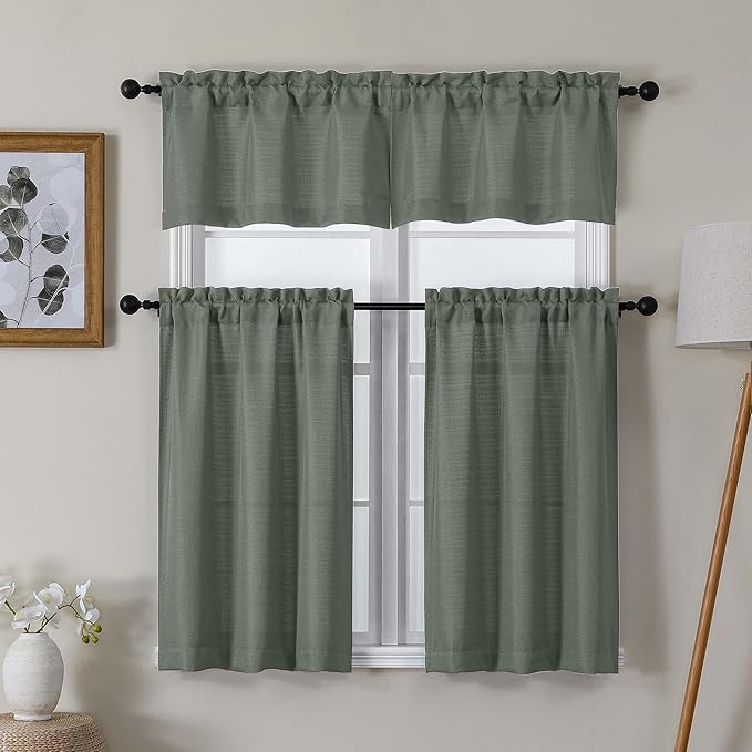 Lecloud Bessie Olive Green Kitchen Curtains 30 Inch Length 2 Pcs, Light Filtering Cafe Short Curtain Tiers, Dual Rod Pocket Window Treatments for Bedroom Basement Bathroom, Each 30 W x 30 L