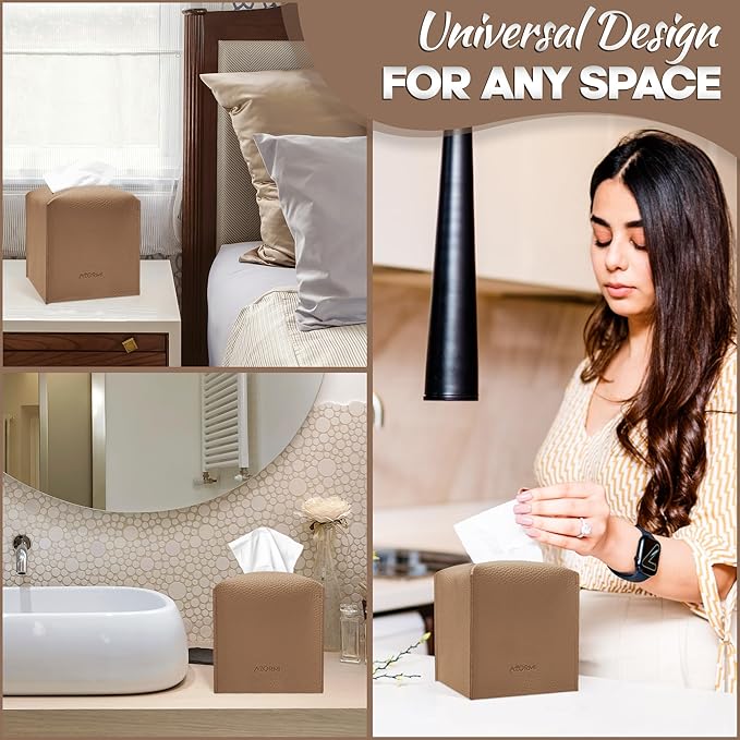 Tissue Box Cover Holder, PU Leather Tissue Box Cover Square with Bottom Belt, Cube Tissue Holder for Bathroom, Modern Organizer for Car, Office, Tabletop (Camel, 14 Leather Patterns)