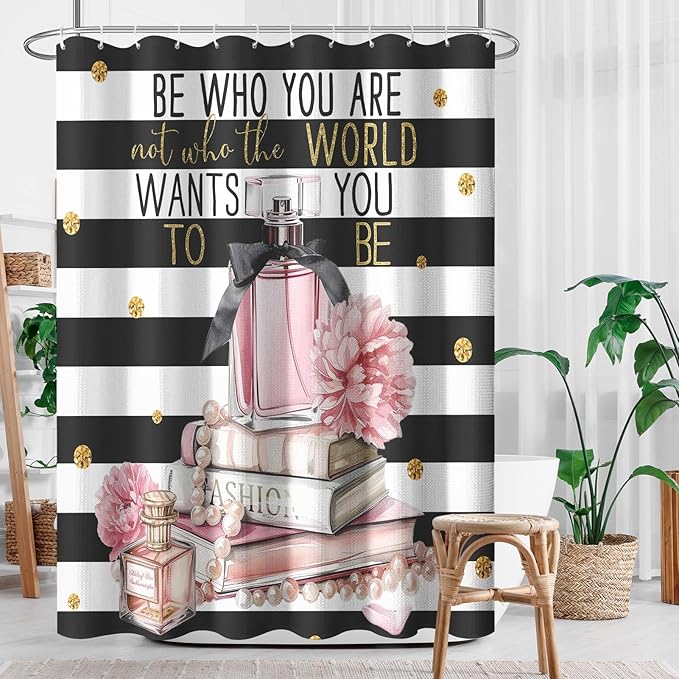Culudea Pink Fashion Inspirational Quotes Perfume Shower Curtain Set, Floral Woman Girl Bathroom Window Waterproof Shower Curtain Set for Bathroom Decor