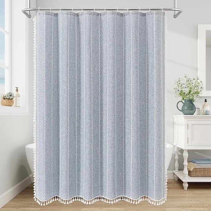 MitoVilla Blue Boho Fabric Shower Curtain, Modern Farmhouse Polyester Linen Shower Curtains for Vintage Rustic Bathroom Decor, Country Tassel Thick Cloth Shower Curtain, 72 x 72
