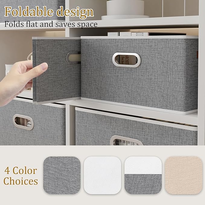 Yawinhe Fabric Storage Bins with Handles, Foldable Baskets for Shelves, Cubes with 3 Handles, Large Boxes for Clothes, Grey, 16.9''Lx11.8''Wx10.2''H, 4-Pack