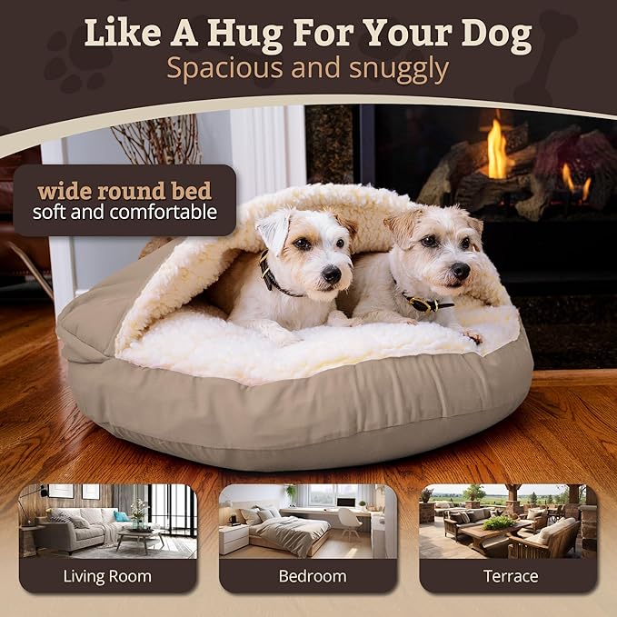 Snoozer Cozy Cave Dog Bed - Indoor Dog Bed with Cover Cave, Covered Calming Burrow for Medium & Large Sized Pets with Blanket Attached, Enclosed, Removable Washable Cover - XL, Buckskin