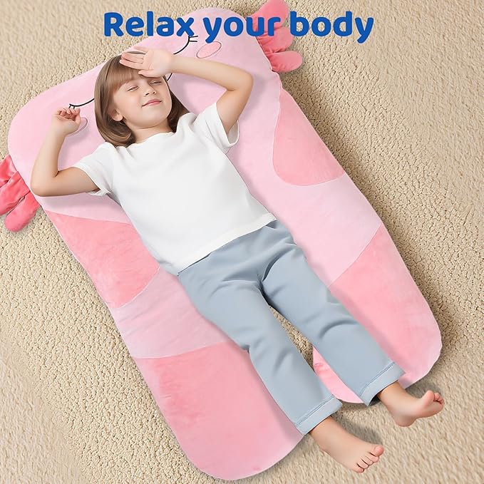 MLdian 47x23 inch U Shaped Long Plush Body Pillows for Kids, Stuffed Animal Axolotl Soft Large Pillow for Sleeping, Big Cute Plushies, Washable Cover, Gift for Boys and Girls