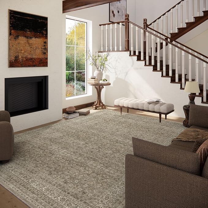 Washable Area Rugs for Living Room: 10x14 Bedroom Rug Vintage Large Rugs Stain Resistant Non Slip Low Pile Soft Lightweight Carpet for Kitchen Dining Room Farmhouse Nursery Kids Room