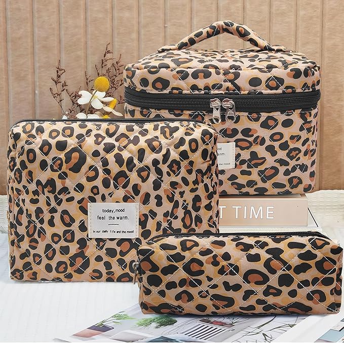 Cozomga Quilted Makeup Bag, Large Capacity Travel Cosmetic Bag for Women and Girls, Aesthetic Storage for Daily and Travel Use (3pcs-Classicleopard)