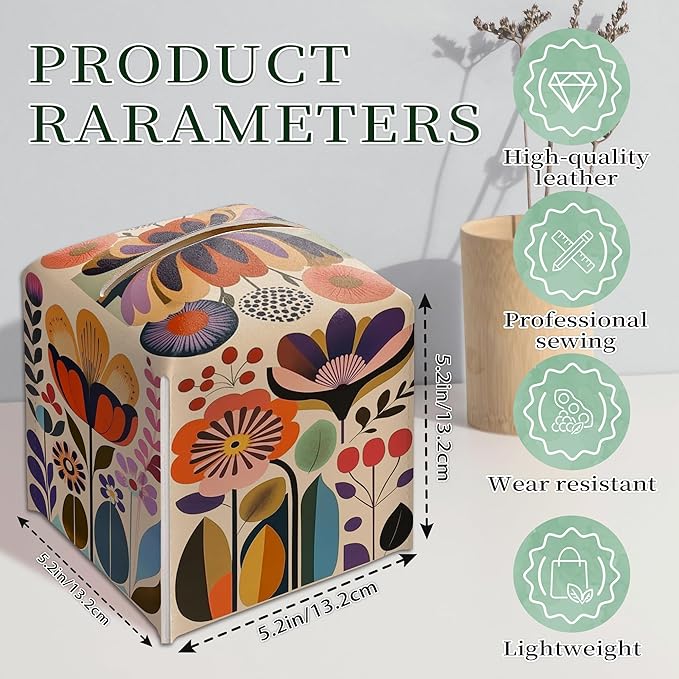 Scandinavian Boho Tissue Box Holder, Norwegian Folk Floral Leather Tissue Box Cover Square, Paper Napkins Everyday Dispenser for Bathroom Night Stands Kitchen Office Car Home Decor