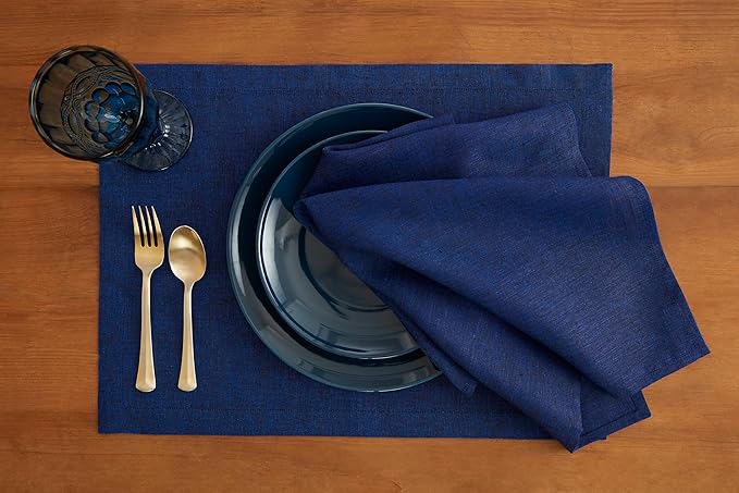 Solino Home Linen Cloth Placemats Set of 4-100% Pure Linen Royal Blue Placemats 14 x 19 Inch- Athena