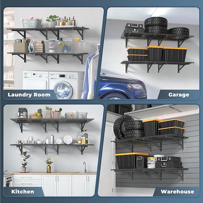 Jusgym 4 Pack Heavy Duty Garage Wall Shelving Set (2x3ft), Wall Mounted Garage Shelves 1400lbs Capacity, 24"x72" Shelf Storage Rack Floating Shelves, Black