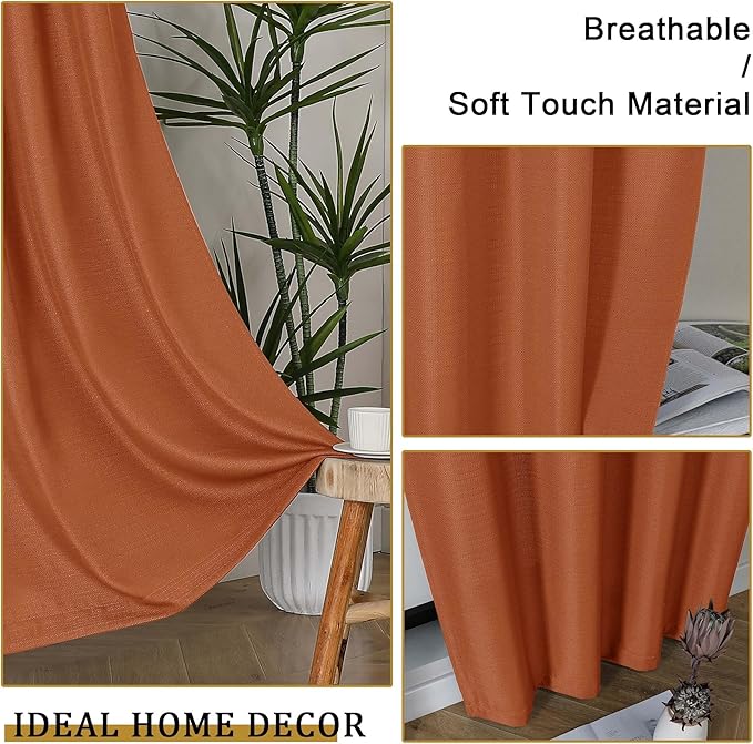 Lecloud Bessie Orange Curtains for Bedroom 72 Inches Long 2 Pcs, Airy Light Filtering Faux Linen Textured Window Curtains for Living Room Decor, Dual Rod Pocket Drapes, Each Panel 40" W x 72" L