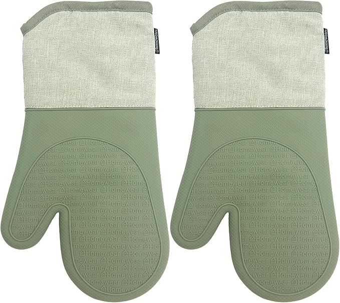 Homewear Marlow Silicone Extra Long Oven Mitt 2 Piece Set, Heat and Slip Resistant, Recycled Cotton with Soft Lining, Thick Kitchen Gloves for Cooking, Green