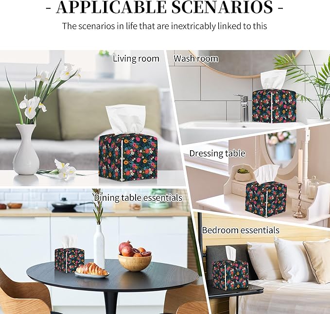 POIUBLE Colorful Flowers and Leaves Tissue Box Cover Leather Tissue Box Holder Square Facial Paper Organizer Dispenser for Bathroom Kitchen Bedroom Vanity Countertop Night Stands