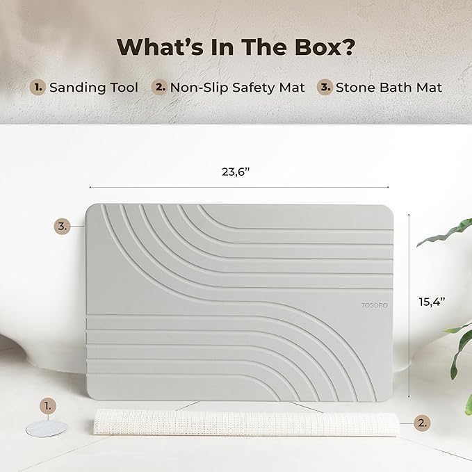 TOSORO - Stone Bath Mat, Diatomaceous Earth Non-Slip Stone Shower Mat - Quick Drying Absorbent Bath Mats for Bathroom - Elegant & Modern Design, Easy to Clean (23.5 x 15) - Grey