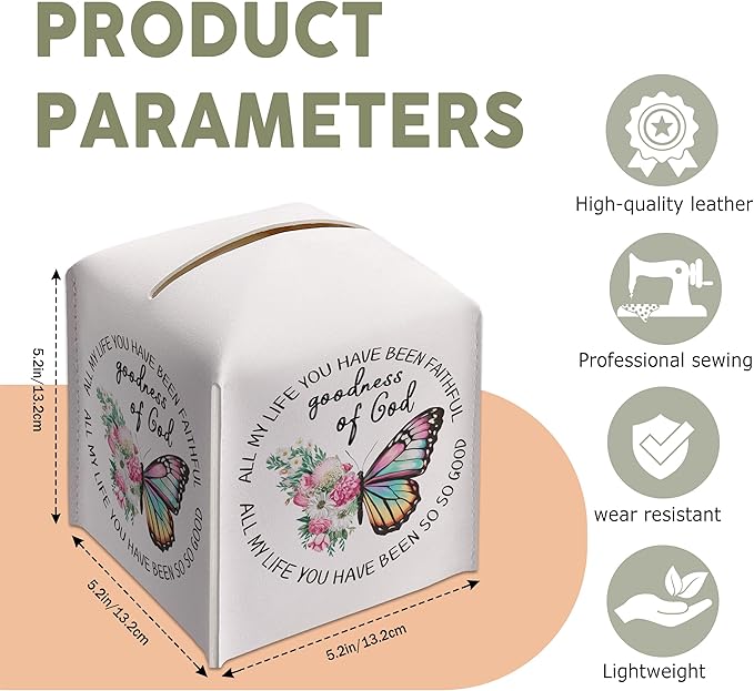 Butterfly Decorative Tissue Box Cover Square, Leather Tissue Box Dispenser, Christian Inspirational Quote Gift Ideas for Friends, Goodness of God, Bathroom Office Decor-(5.2 Inches)